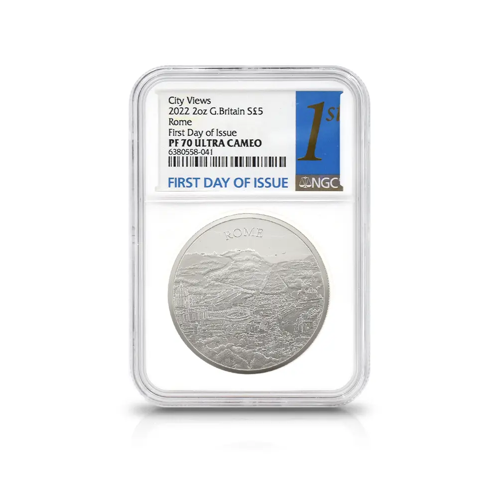 モダンコイン4：6870 イギリス 2022 エリザベス2世 都市景観シリーズ第2弾 ローマ 5ポンド2オンス銀貨 発行即日鑑定品 NGC PF70UC 箱付き