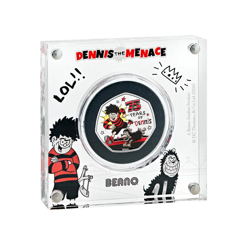 モダンコイン5:6874 イギリス 2026 チャールズ3世 わんぱくデニス75周年記念 50ペンスプルーフカラー銀貨 未鑑定 箱付き【ご予約承り品】