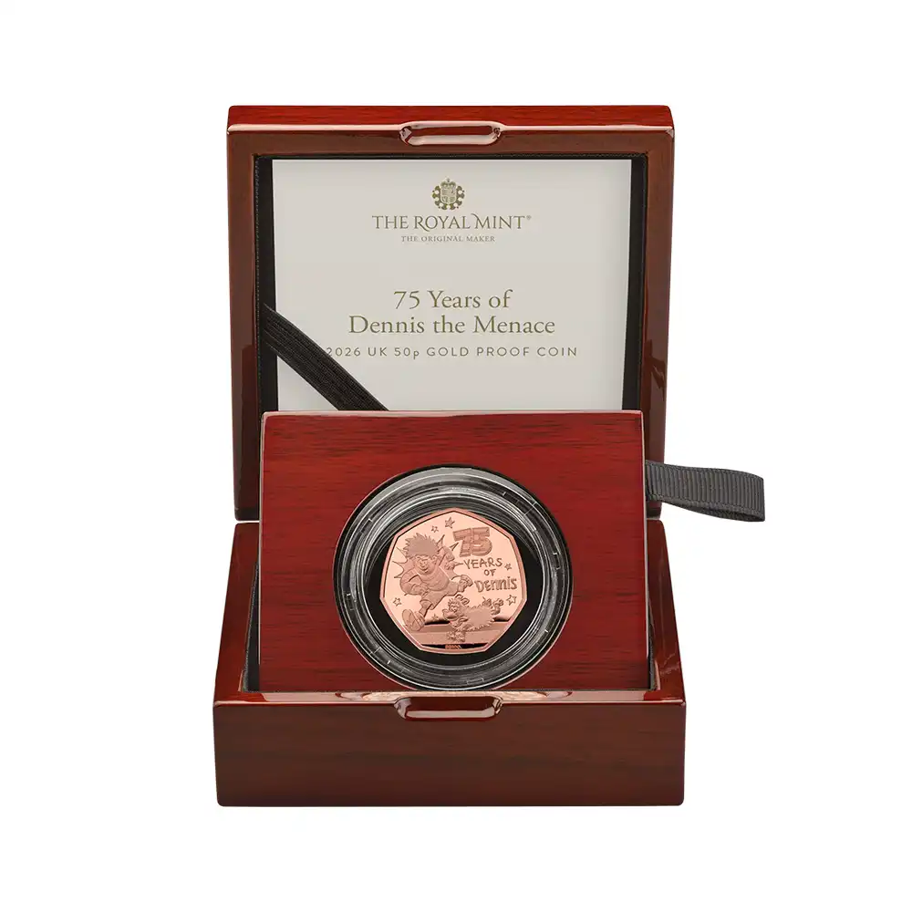 モダンコイン5：6875 イギリス 2026 チャールズ3世 わんぱくデニス75周年記念 50ペンスプルーフ金貨 未鑑定 箱付き【ご予約承り品】