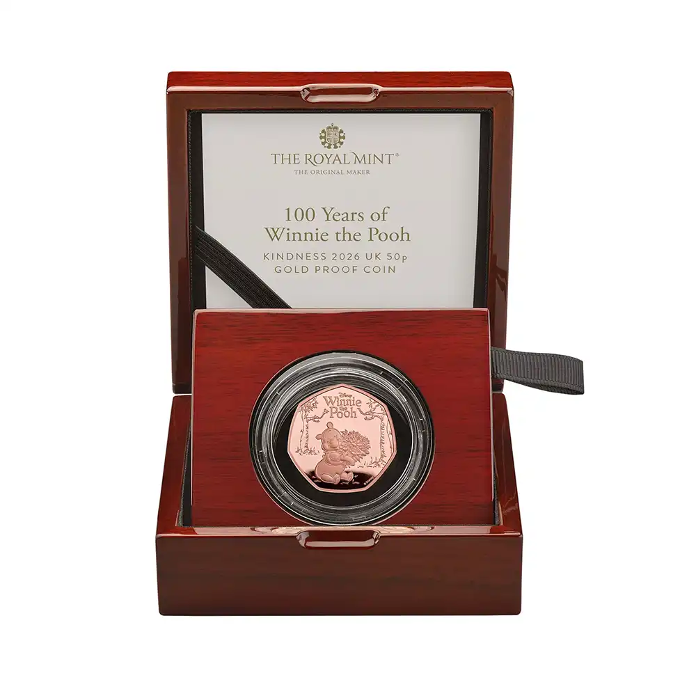 モダンコイン5：6877 【未鑑定＋鑑定オプション付き】イギリス 2026 チャールズ3世 くまのプーさん100周年記念 50ペンスプルーフ金貨 未鑑定 箱付き【ご予約承り品・納期約6か月】