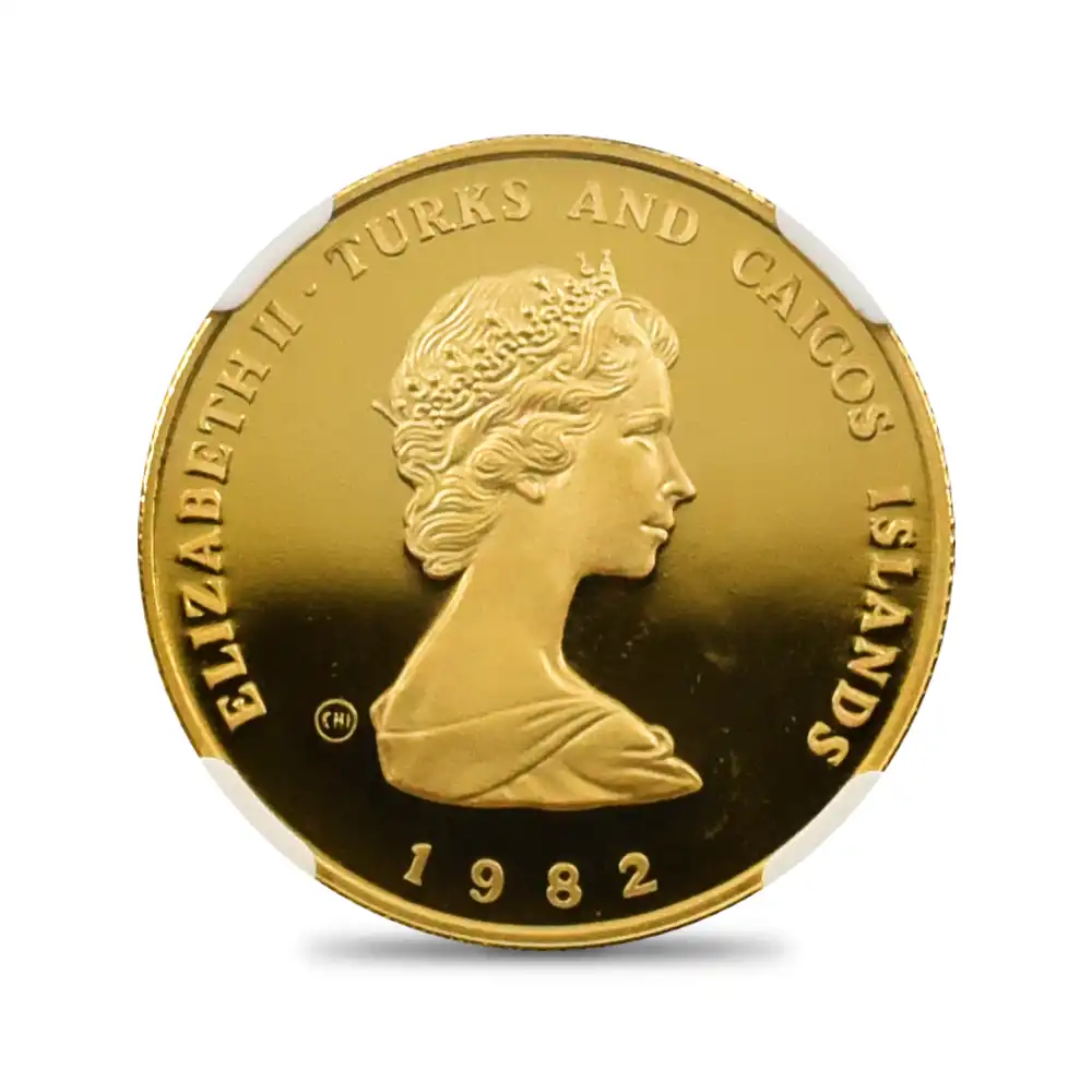 モダンコイン3：6882 タークス・カイコス諸島 1982 エリザベス2世 FIFAワールドカップ 100クラウン金貨 NGC PF69UC
