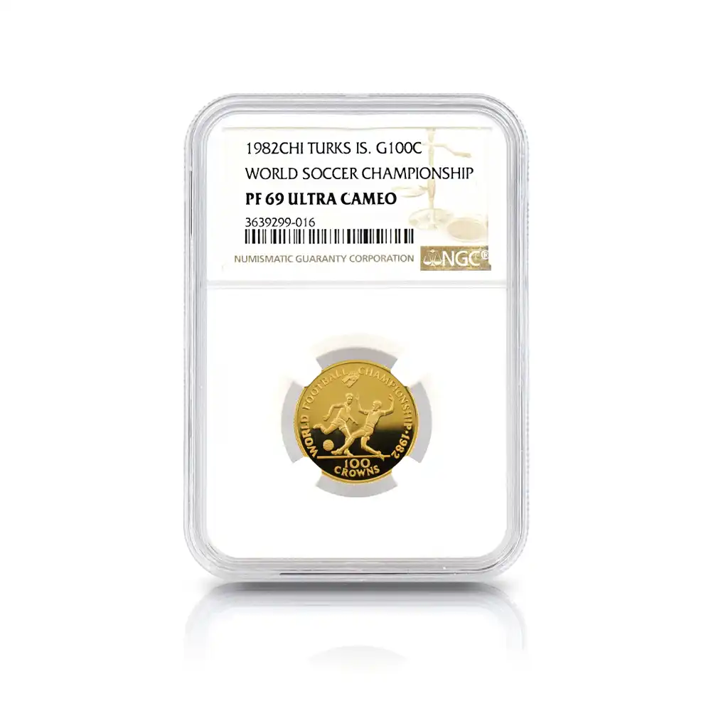 モダンコイン4：6882 タークス・カイコス諸島 1982 エリザベス2世 FIFAワールドカップ 100クラウン金貨 NGC PF69UC