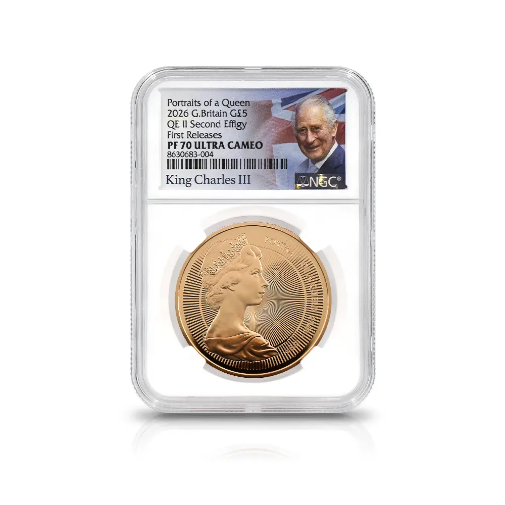 モダンコイン4:6886 イギリス 2026 チャールズ3世 エリザベス2世のコイン肖像シリーズ 第二弾 ヤングエリザベス 5ポンド金貨 ファーストリリース NGC PF70UC チャールズ3世ラベル 箱付き