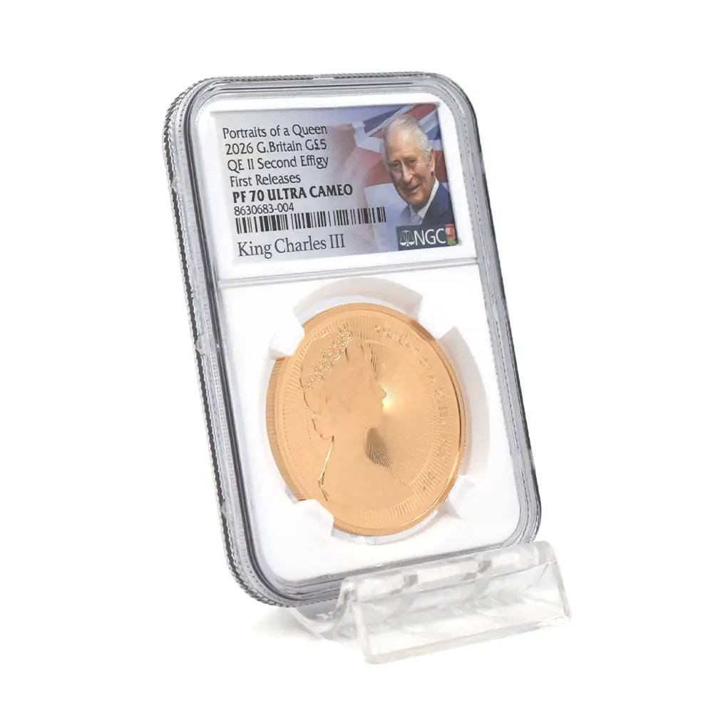 モダンコイン6:6886 イギリス 2026 チャールズ3世 エリザベス2世のコイン肖像シリーズ 第二弾 ヤングエリザベス 5ポンド金貨 ファーストリリース NGC PF70UC チャールズ3世ラベル 箱付き