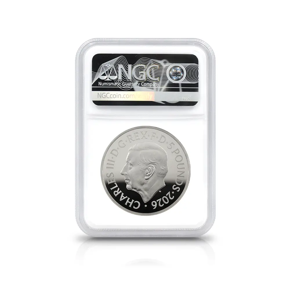 モダンコイン5：6878 イギリス 2026 チャールズ3世 エリザベス2世のコイン肖像シリーズ 第二弾 ヤングエリザベス 5ポンドプルーフピエフォー銀貨 発行即日鑑定品 NGC PF70UC 箱付き