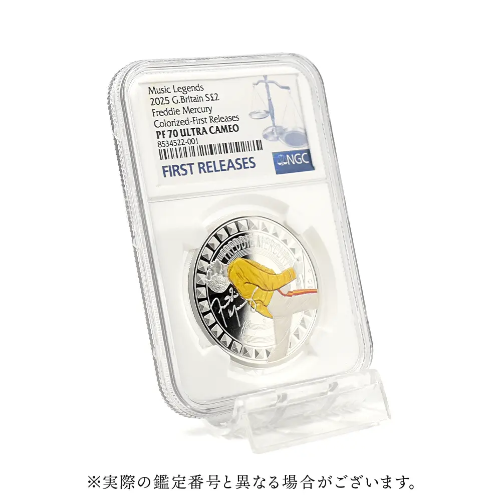 モダンコイン6：6892 イギリス 2025 チャールズ3世 ミュージックレジェンド第12弾 フレディ・マーキュリー 2ポンド1オンスカラー銀貨 ファーストリリース NGC PF70UC 箱付き