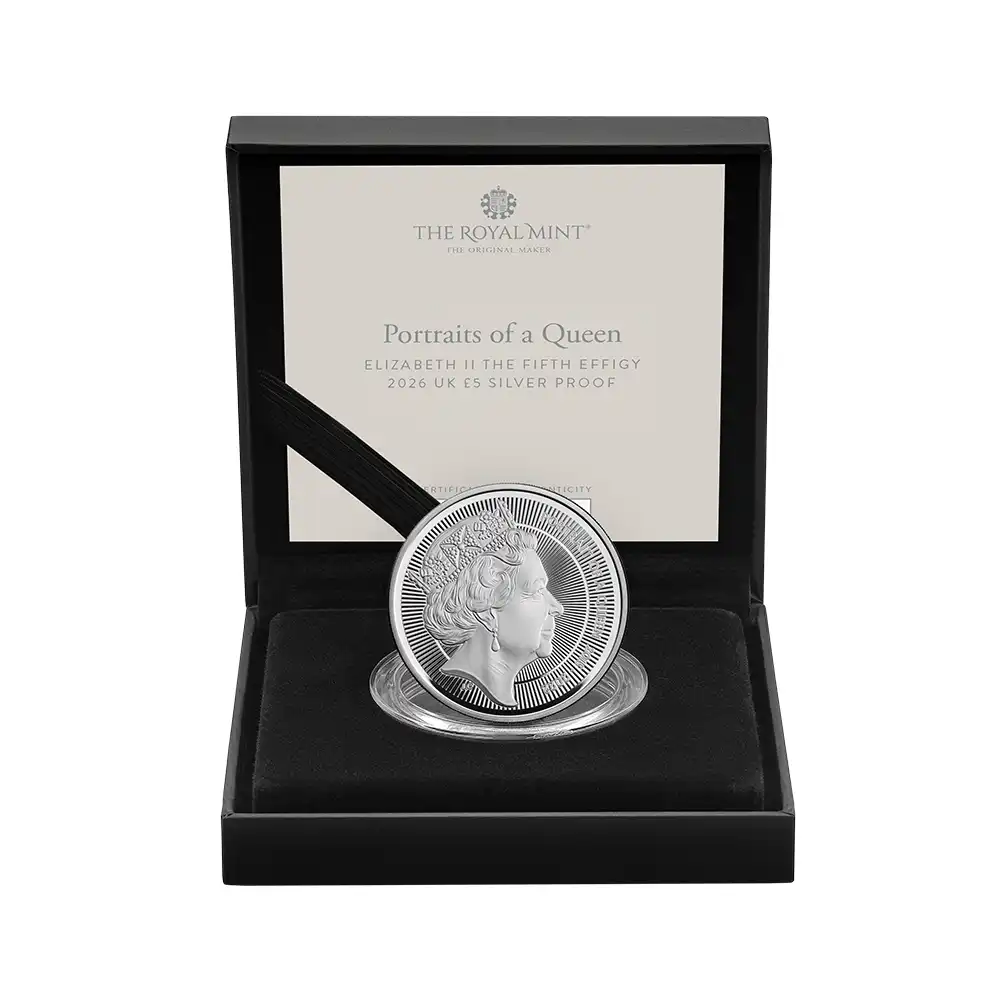 モダンコイン5:6894 【未鑑定+鑑定オプション付き】イギリス 2026 チャールズ3世 エリザベス2世のコイン肖像シリーズ 第五弾 5ポンドプルーフ銀貨 未鑑定 箱付き【ご予約承り品・納期約6か月】