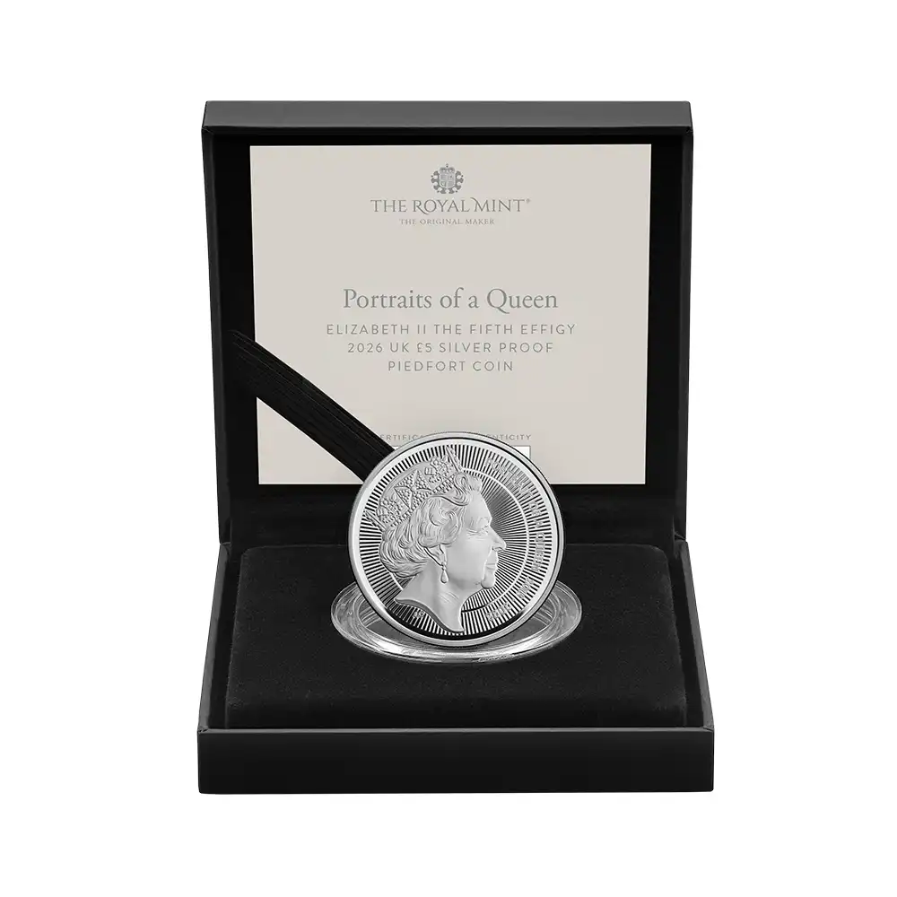 モダンコイン5：6895 【未鑑定＋鑑定オプション付き】イギリス 2026 チャールズ3世 エリザベス2世のコイン肖像シリーズ 第五弾 5ポンドプルーフピエフォー銀貨 未鑑定 箱付き【ご予約承り品・納期約6か月】