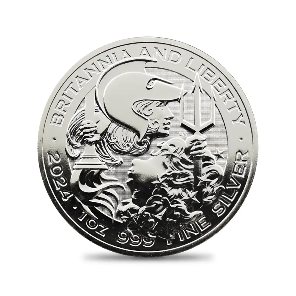 地金型2：4156 2024 チャールズ3世 ブリタニア＆リバティ 2ポンド1オンス地金型銀貨【1枚】 (コインケース付き)