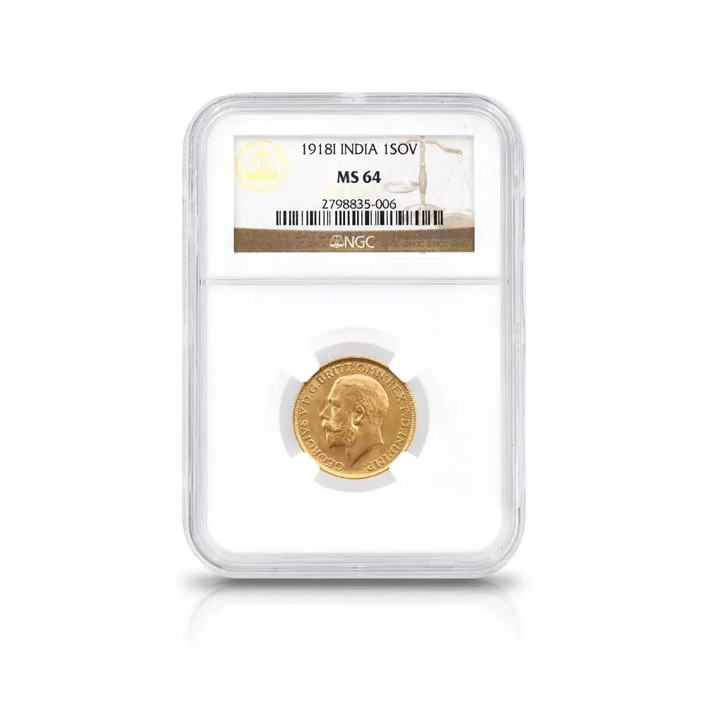 アンティークコイン4：5538 英領インド 1918I ジョージ5世 聖ジョージ竜退治 ソブリン金貨 NGC MS64
