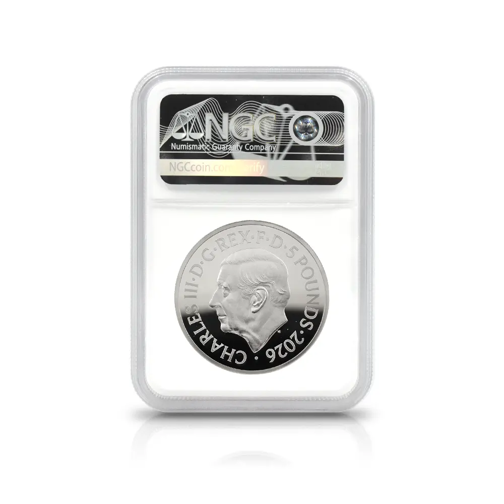 モダンコイン5：6910 イギリス 2026 チャールズ3世 エリザベス2世のコイン肖像シリーズ 第一弾 ヤングヤングエリザベス 5ポンドプルーフピエフォー銀貨 NGC PF70UC 箱付き