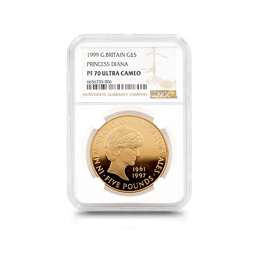 モダンコイン4：5547 1999 エリザベス2世 ダイアナ妃追悼記念 5ポンド金貨 NGC PF70UC 箱付き（紙の外装・COA無し）
