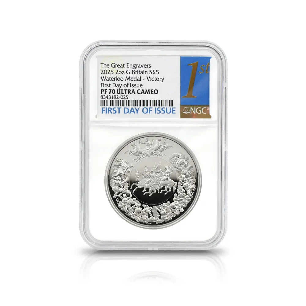 モダンコイン4：6913 イギリス 2025 チャールズ3世 ワーテルロー・メダル - 勝利 5ポンド2オンス銀貨 発行即日鑑定品 NGC PF70UC 箱付き