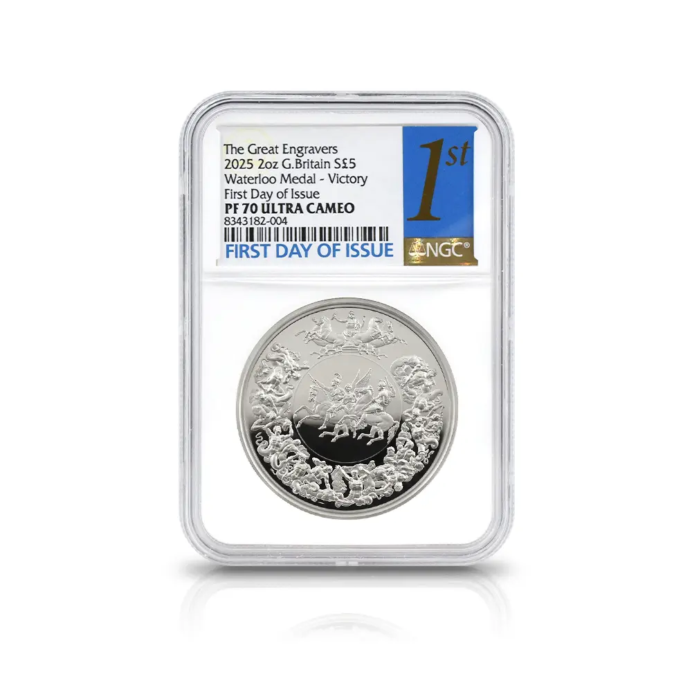 モダンコイン4：6914 イギリス 2025 チャールズ3世 ワーテルロー・メダル - 勝利 5ポンド2オンス銀貨 発行即日鑑定品 NGC PF70UC 箱付き