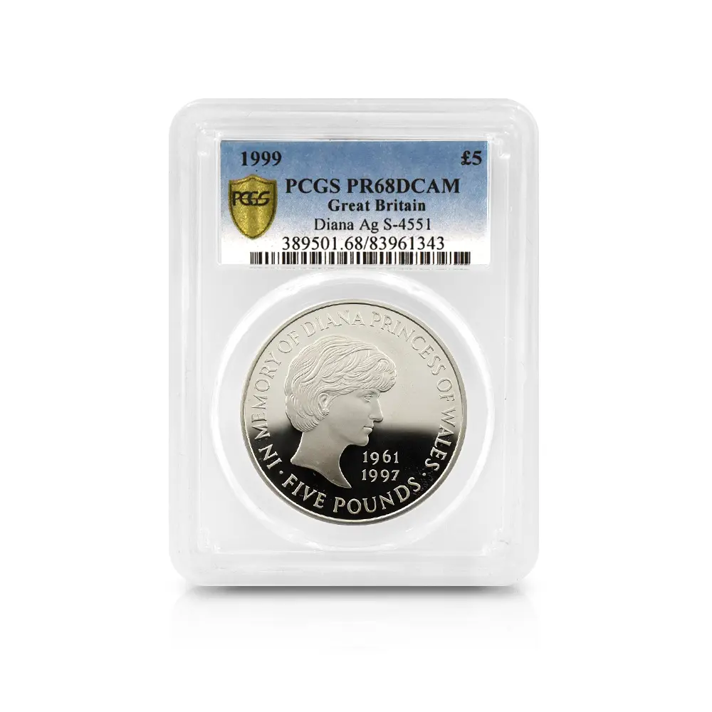 モダンコイン4：5596 1999 エリザベス2世 ダイアナ妃追悼記念 5ポンド銀貨 PCGS PR68DC S-4551