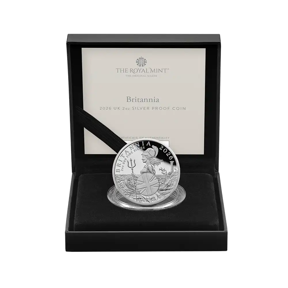 モダンコイン4：6933 イギリス 2026 チャールズ3世 ブリタニア 5ポンド2オンス プルーフ銀貨 未鑑定 箱付き【ご予約承り品】