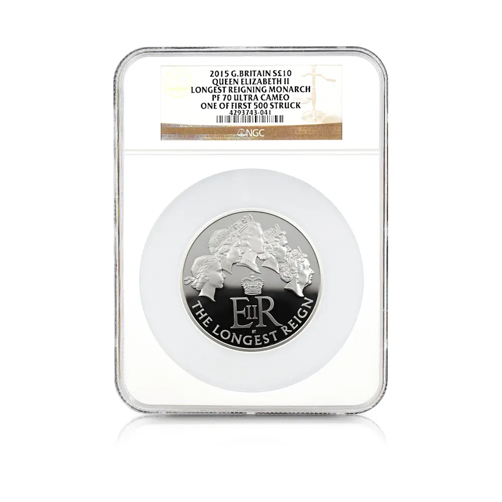 モダンコイン4：6940 イギリス 2015 エリザベス2世 最長在位記念 10ポンド5オンス銀貨 ファースト500ストラック NGC PF70UC 付属品付き