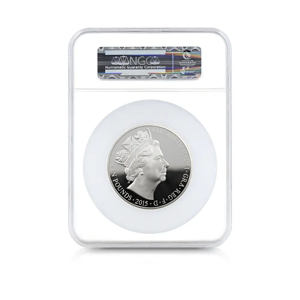 モダンコイン5：6940 イギリス 2015 エリザベス2世 最長在位記念 10ポンド5オンス銀貨 ファースト500ストラック NGC PF70UC 付属品付き