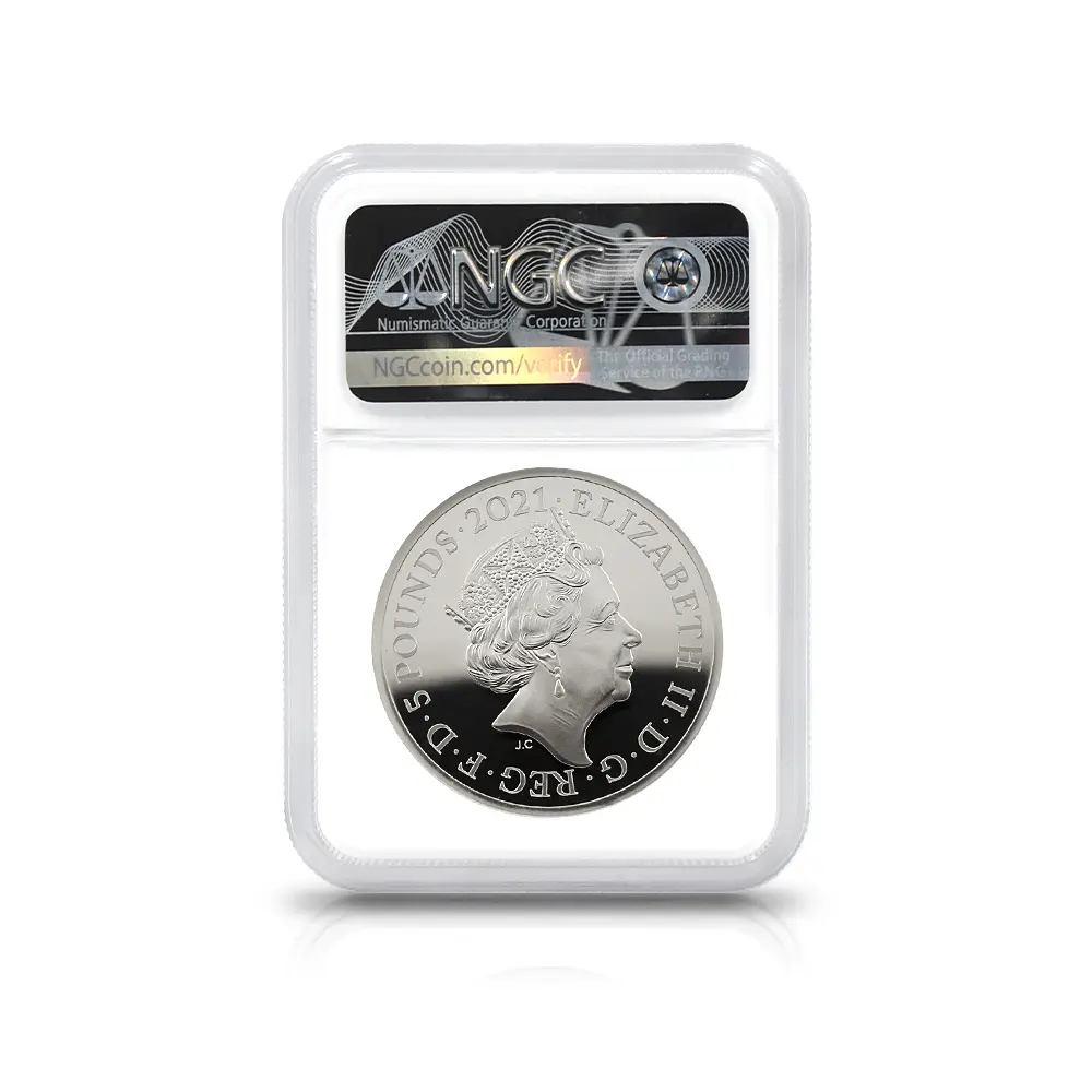 モダンコイン5：5625 2021 エリザベス2世 ゴチッククラウン・ポートレート 5ポンド2オンス銀貨 発行即日鑑定品 NGC PF70UC 箱付き