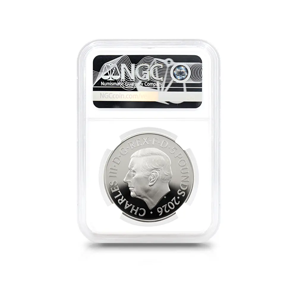 モダンコイン5：6941 イギリス 2026 チャールズ3世 エリザベス2世のコイン肖像シリーズ 第一弾 ヤングヤングエリザベス 5ポンド銀貨  NGC PF70UC チャールズ3世ラベル 箱付き