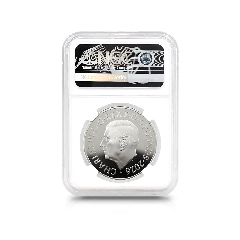 モダンコイン5：6942 イギリス 2026 チャールズ3世 エリザベス2世のコイン肖像シリーズ 第一弾 ヤングヤングエリザベス 5ポンド銀貨  NGC PF69UC チャールズ3世ラベル 箱付き