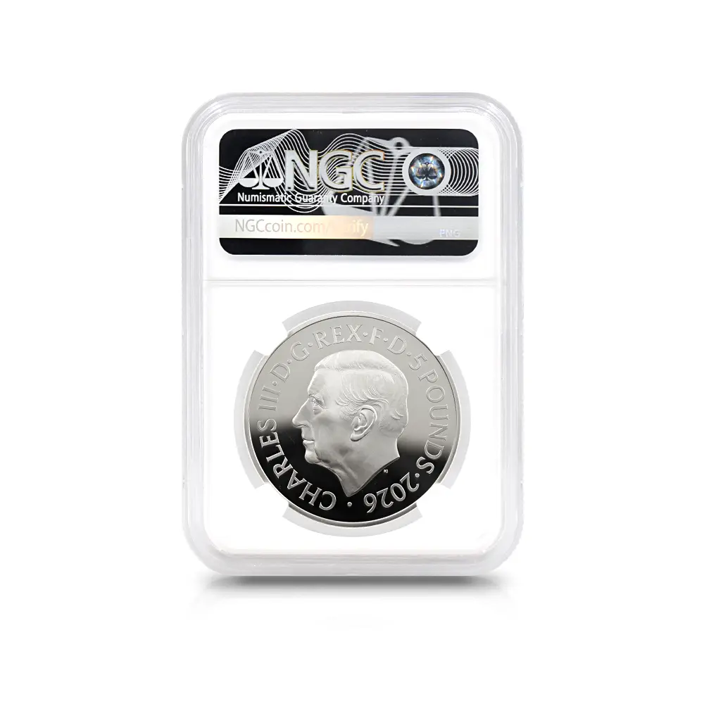 モダンコイン5：6943 イギリス 2026 チャールズ3世 エリザベス2世のコイン肖像シリーズ 第一弾 ヤングヤングエリザベス 5ポンド銀貨  NGC PF68UC チャールズ3世ラベル 箱付き