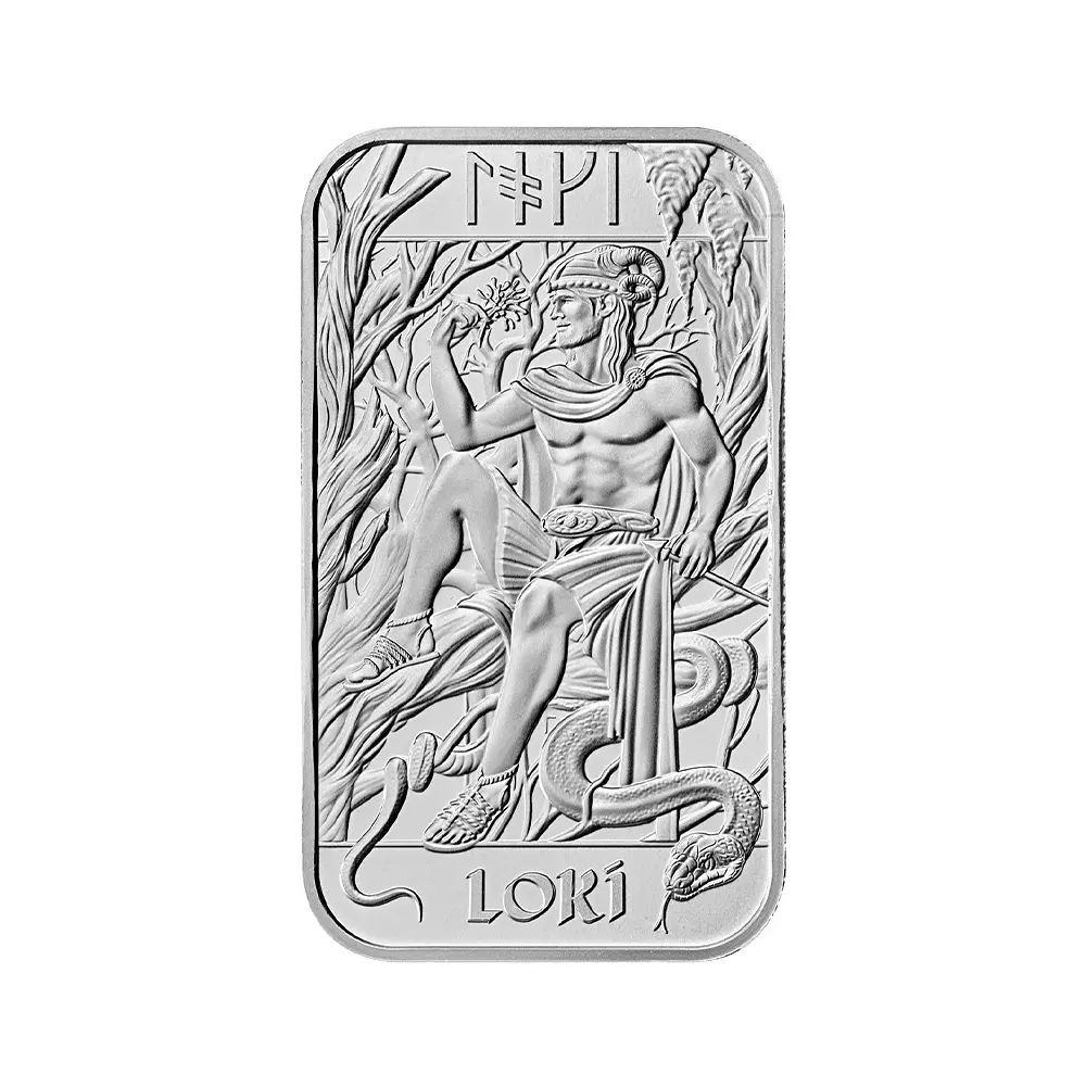 地金型2：6729 イギリス 2026 北欧の神々 ロキ 銀の延べ板 1オンス シルバーバー【1本】（ブリスターパック付き）
