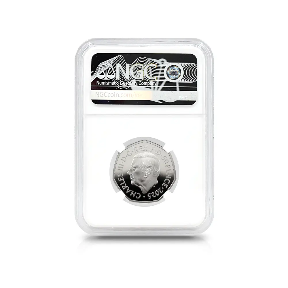モダンコイン5：6947 イギリス 2025 チャールズ3世 スノーマン 50ペンスカラー銀貨 ファーストリリース NGC PF70UC チャールズ3世ラベル 箱付き