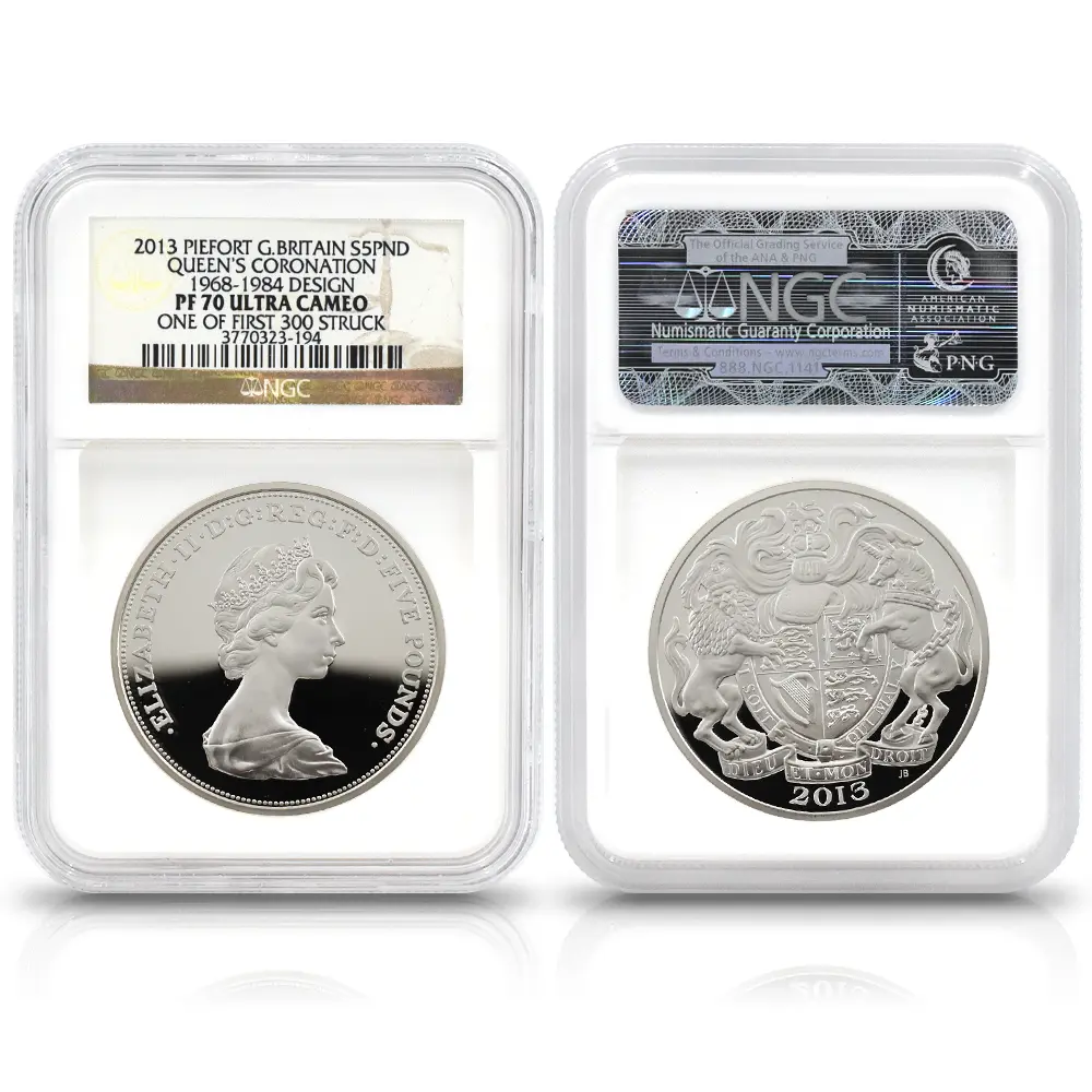 モダンコイン3:6946 イギリス 2013 エリザベス2世 戴冠60周年記念 5ポンドピエフォー銀貨 4枚セット ファースト300ストラック NGC PF70UC 付属品付き
