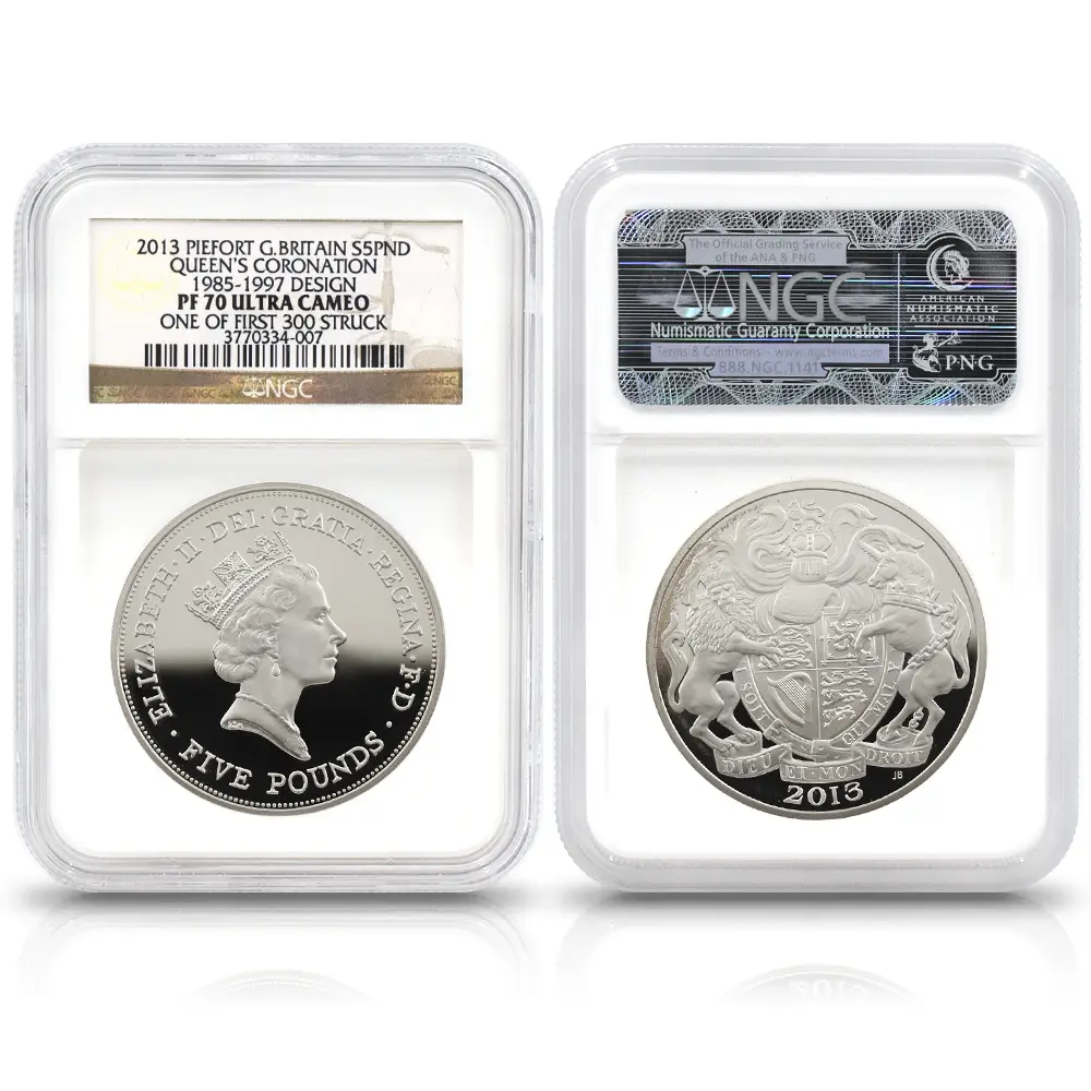 モダンコイン4:6946 イギリス 2013 エリザベス2世 戴冠60周年記念 5ポンドピエフォー銀貨 4枚セット ファースト300ストラック NGC PF70UC 付属品付き
