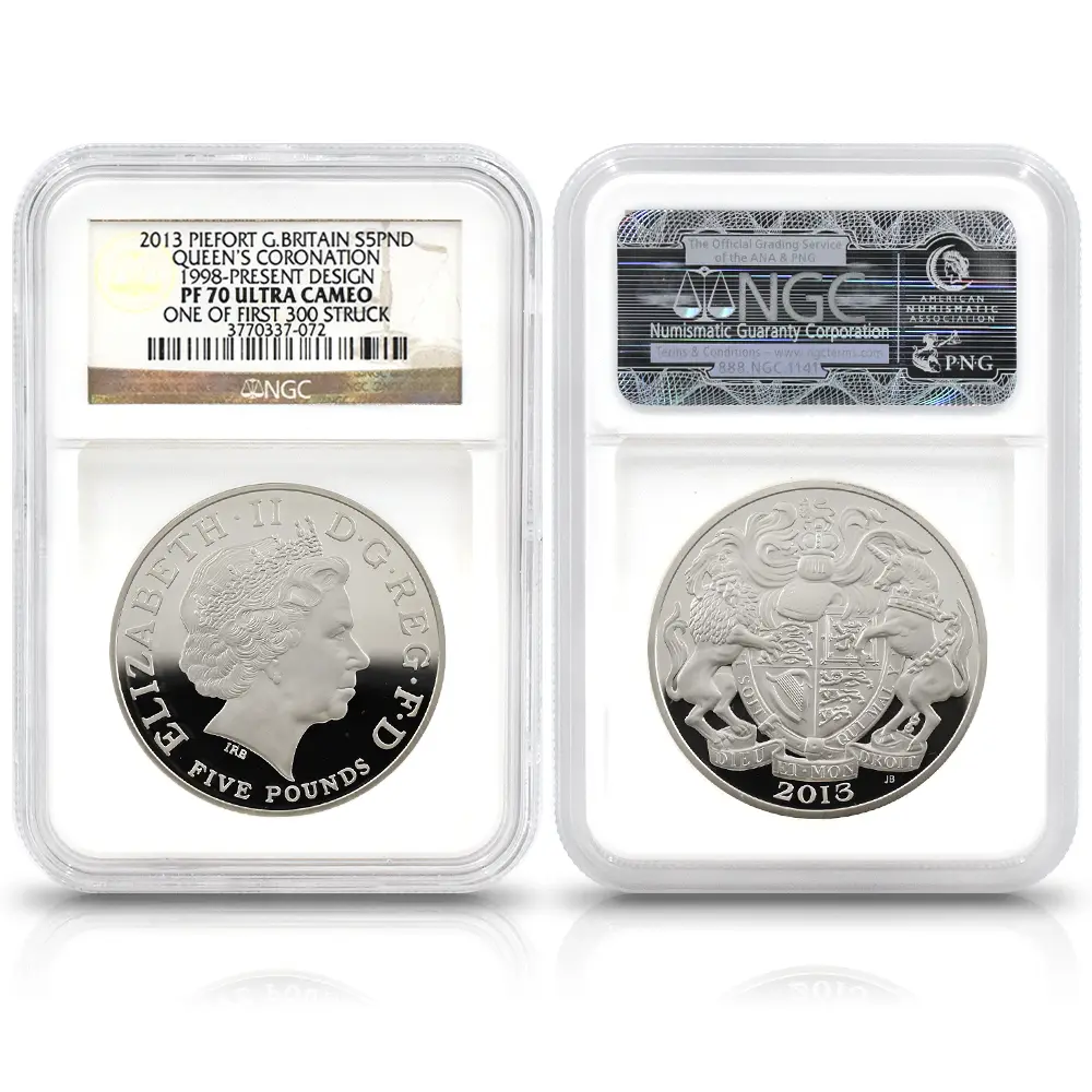 モダンコイン5:6946 イギリス 2013 エリザベス2世 戴冠60周年記念 5ポンドピエフォー銀貨 4枚セット ファースト300ストラック NGC PF70UC 付属品付き