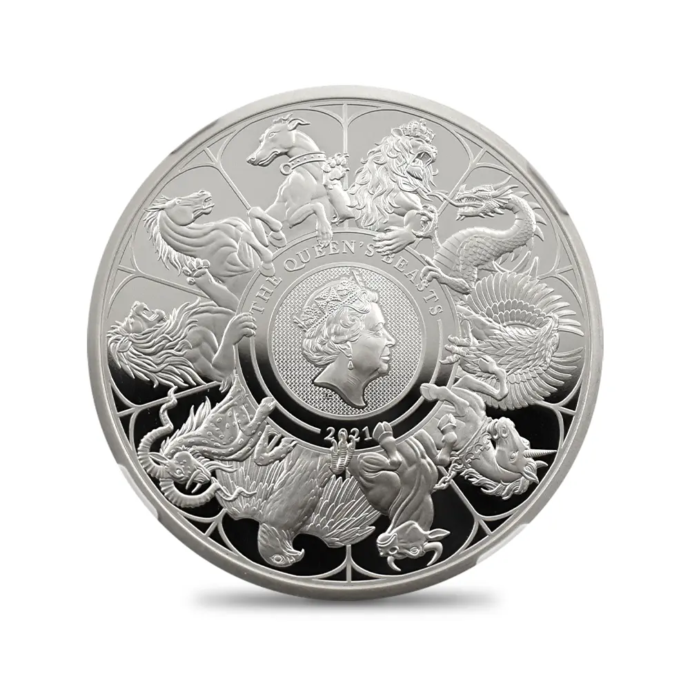 モダンコイン2:6949 イギリス 2021 エリザベス2世 クイーンズビースト コンプリーター 英国王室の十大守護獣 2ポンド1オンス銀貨 NGC PF70UC 箱付き