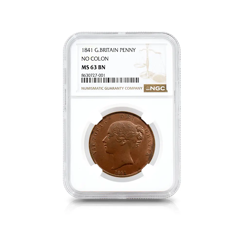 アンティークコイン4:6948 イギリス 1841 ヴィクトリア女王 ブリタニア 1ペニー銅貨 NGC MS63BN NO COLON