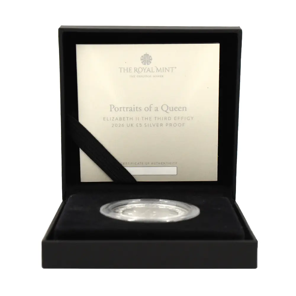 モダンコイン5：6902 【傷あり】イギリス 2026 チャールズ3世 エリザベス2世のコイン肖像シリーズ 第三弾 ミドルエリザベス 5ポンドプルーフ銀貨 未鑑定 箱付き