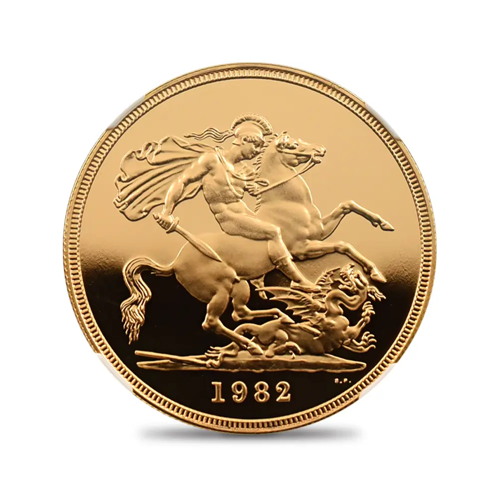 モダンコイン2:6950 イギリス 1982 エリザベス2世 ヤングエリザベス 聖ジョージ竜退治 5ソブリン 金貨 NGC PF70UC