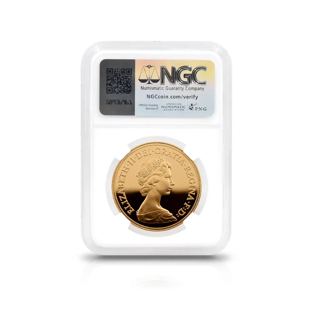 モダンコイン5:6950 イギリス 1982 エリザベス2世 ヤングエリザベス 聖ジョージ竜退治 5ソブリン 金貨 NGC PF70UC