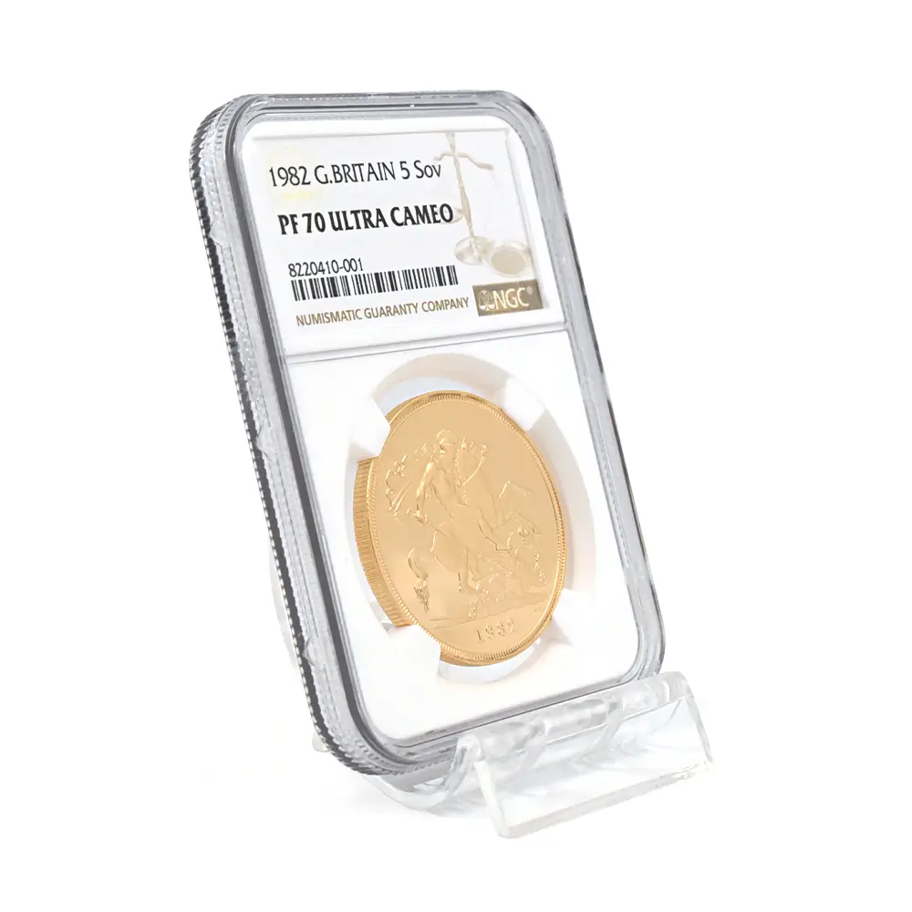 モダンコイン6:6950 イギリス 1982 エリザベス2世 ヤングエリザベス 聖ジョージ竜退治 5ソブリン 金貨 NGC PF70UC