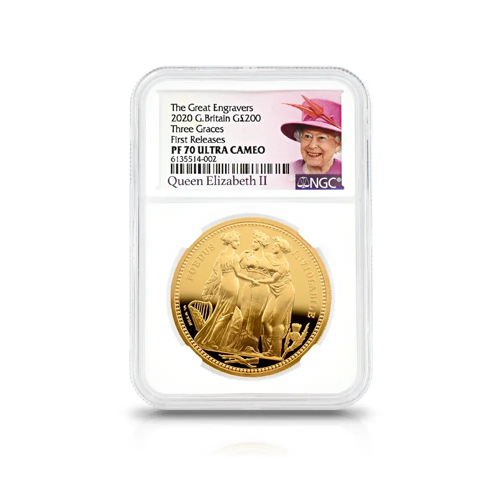 モダンコイン4：6951 イギリス 2020 エリザベス2世 スリーグレーセス 200ポンド2オンス金貨 ファーストリリース NGC PF70UC 箱付き