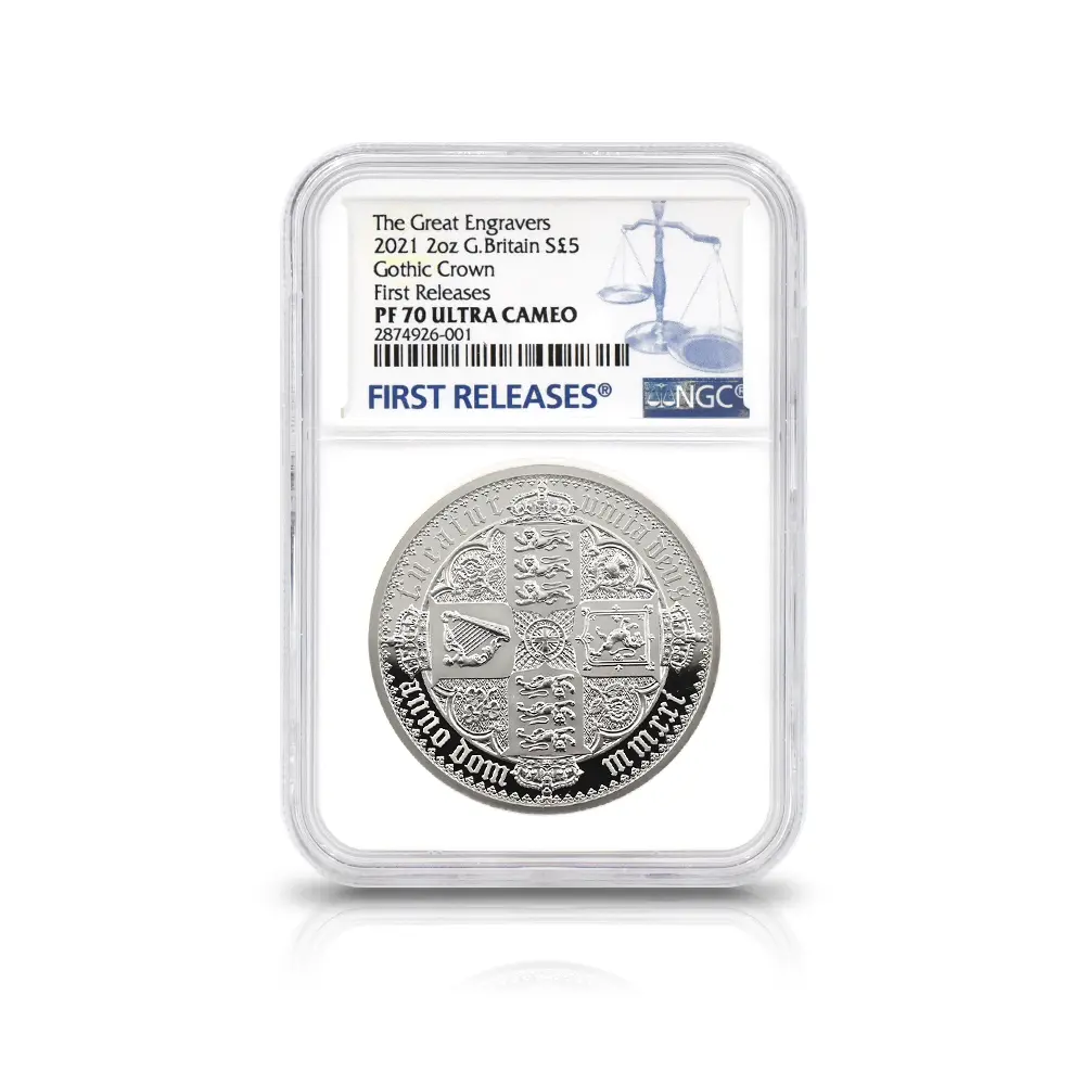 モダンコイン8：6953 イギリス 2021 エリザベス2世 ゴチッククラウン 5ポンド2オンス銀貨 2枚セット ファーストリリース NGC PF70UC 箱付き