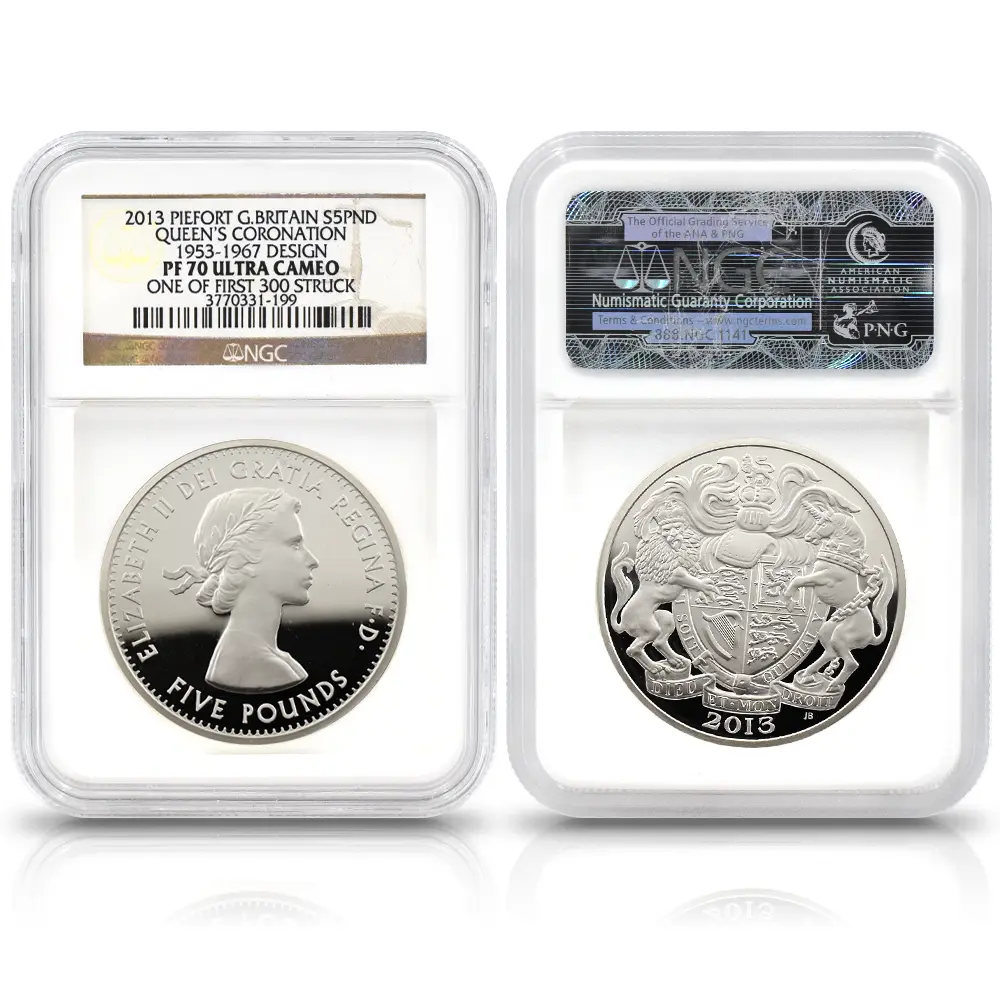 モダンコイン2：6957 イギリス 2013 エリザベス2世 戴冠60周年記念 5ポンドピエフォー銀貨 4枚セット ファースト300ストラック NGC PF70UC 付属品付き