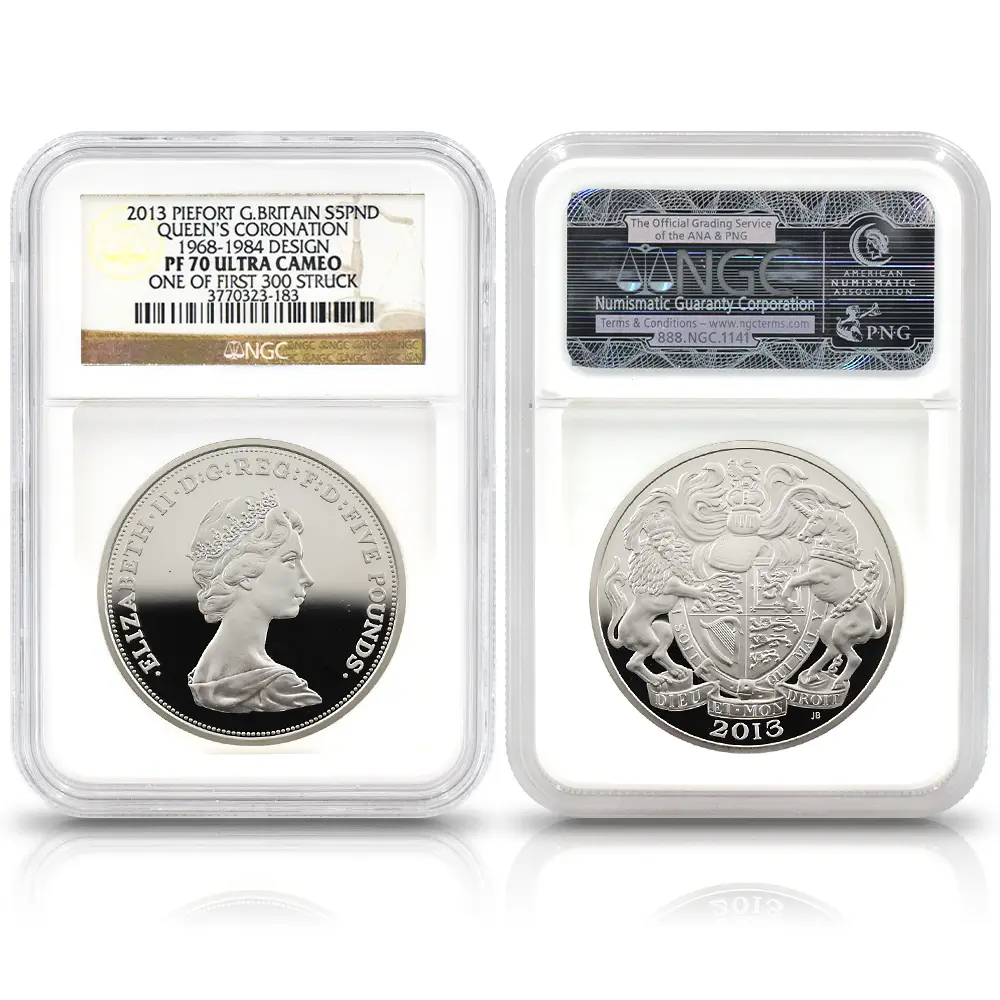 モダンコイン3：6957 イギリス 2013 エリザベス2世 戴冠60周年記念 5ポンドピエフォー銀貨 4枚セット ファースト300ストラック NGC PF70UC 付属品付き