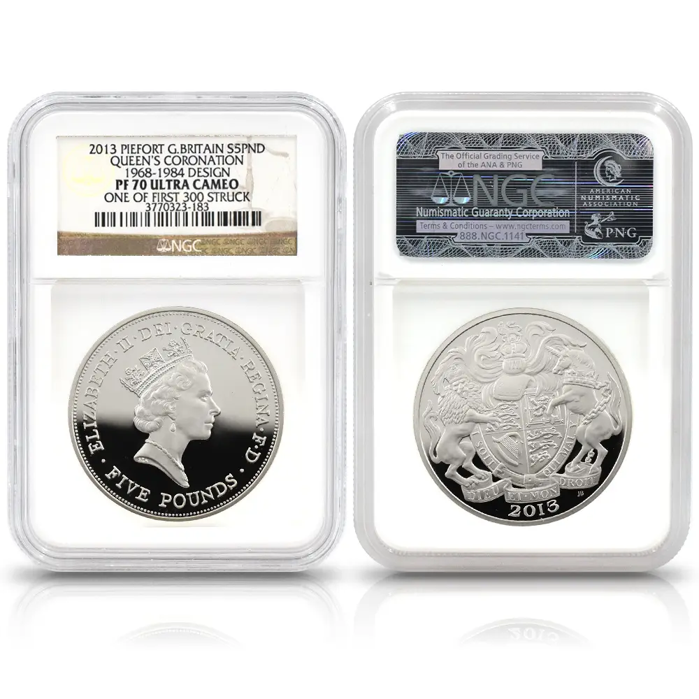 モダンコイン4：6957 イギリス 2013 エリザベス2世 戴冠60周年記念 5ポンドピエフォー銀貨 4枚セット ファースト300ストラック NGC PF70UC 付属品付き