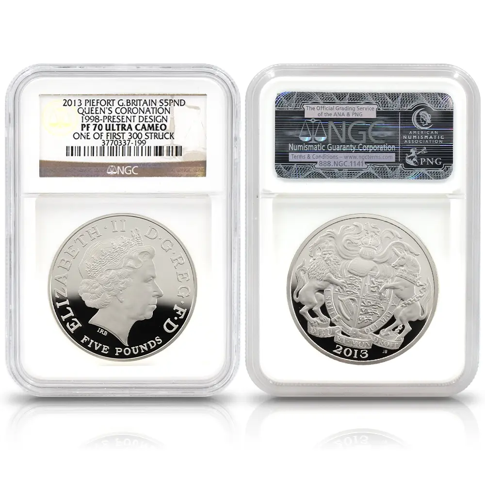 モダンコイン5：6957 イギリス 2013 エリザベス2世 戴冠60周年記念 5ポンドピエフォー銀貨 4枚セット ファースト300ストラック NGC PF70UC 付属品付き