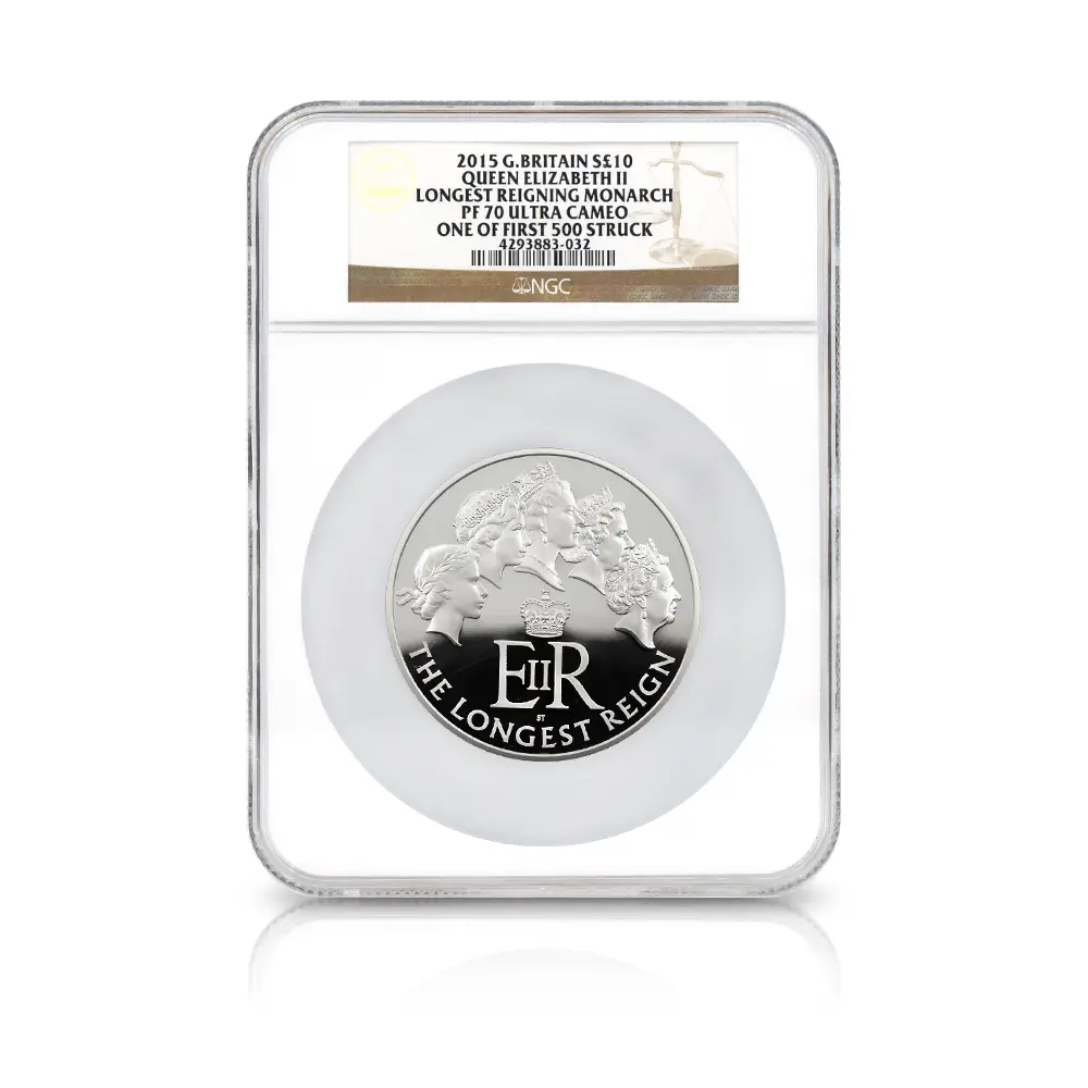 モダンコイン4：6956 イギリス 2015 エリザベス2世 最長在位記念 10ポンド5オンス銀貨 ファースト500ストラック NGC PF70UC 付属品付き