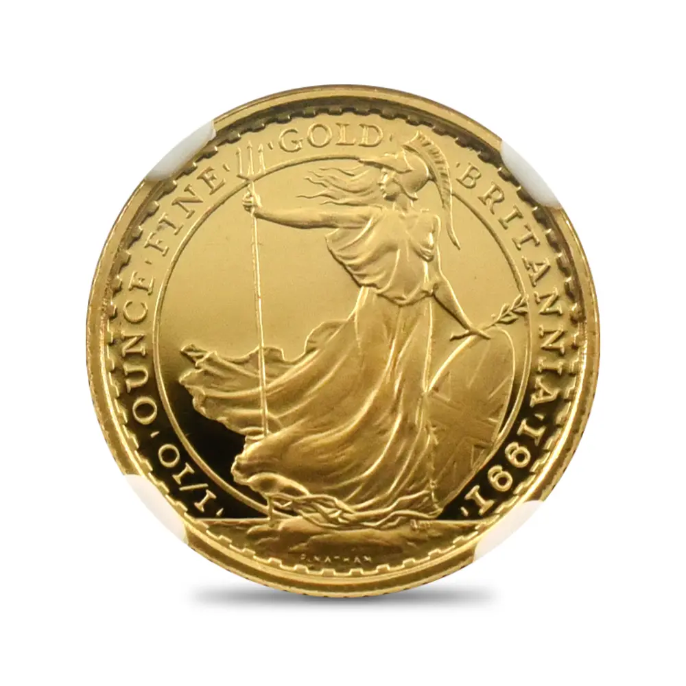 モダンコイン2：6958 イギリス 1991 エリザベス2世 ブリタニア 10ポンド1/10オンス金貨 NGC PF70UC 箱付き