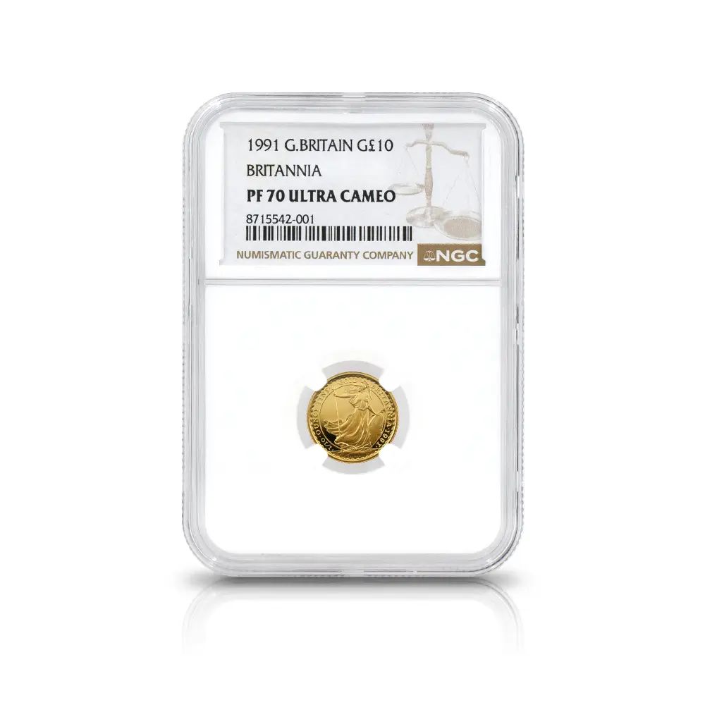 モダンコイン4：6958 イギリス 1991 エリザベス2世 ブリタニア 10ポンド1/10オンス金貨 NGC PF70UC 箱付き
