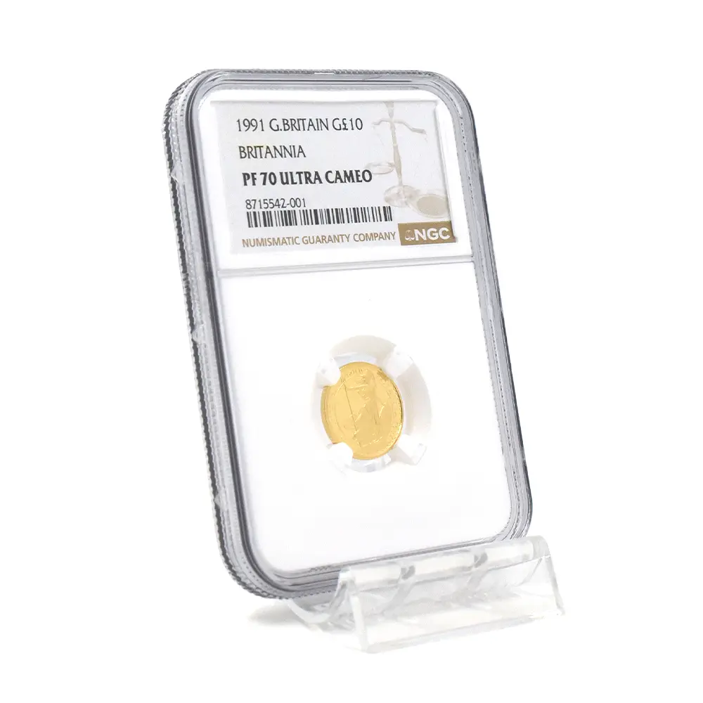 モダンコイン6：6958 イギリス 1991 エリザベス2世 ブリタニア 10ポンド1/10オンス金貨 NGC PF70UC 箱付き