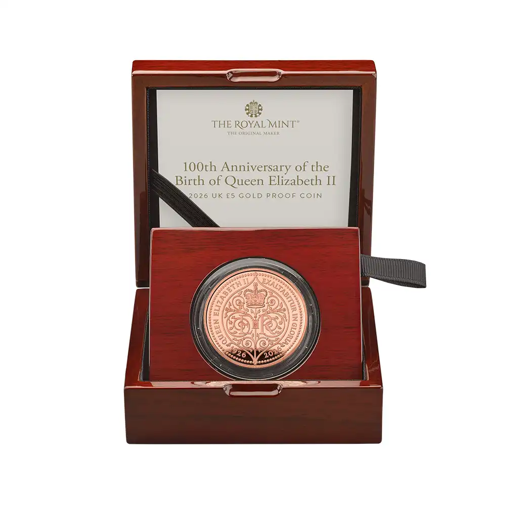 モダンコイン5：6964 【鑑定オプション無し】イギリス 2026 チャールズ3世 エリザベス2世生誕100周年記念 5ポンド プルーフ金貨 未鑑定 箱付き【ご予約承り品・納期約3~4か月】