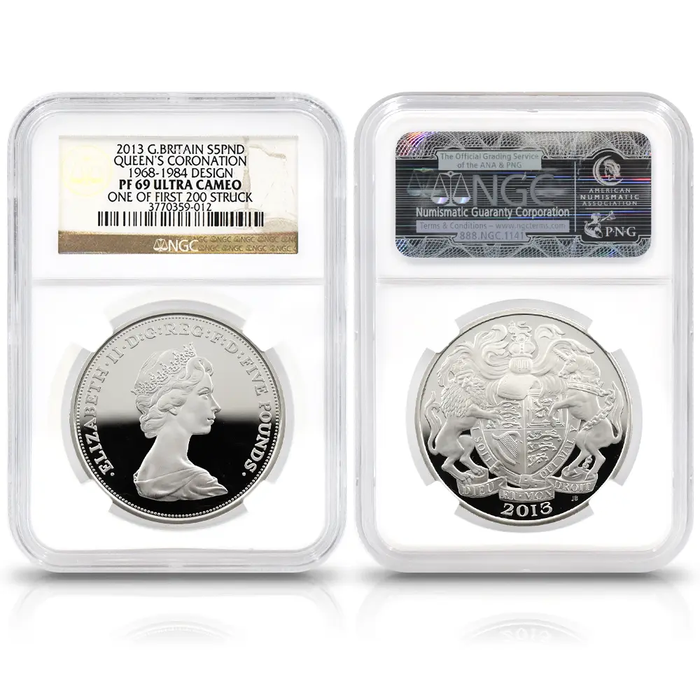 モダンコイン3:6971 イギリス 2013 エリザベス2世 戴冠60周年記念 5ポンド銀貨 4枚セット ファースト200ストラック NGC PF69UC