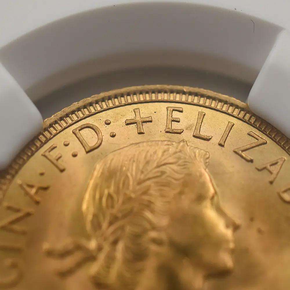 モダンコイン7：6975 イギリス 1958 エリザベス2世 ヤングヤング 聖ジョージ竜退治 ソブリン金貨 NGC MS65